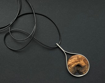 Chain with pendant made of wood and 925 silver, wooden chain, silver chain, simple round shape