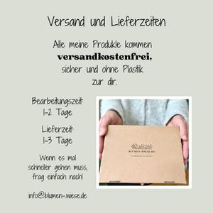 K&ouml;nnte beinhalten: Ein rechteckiger brauner Karton mit dem schwarzen Schriftzug BLUMEN-WIESE.DE und einer floralen Grafik. Das Bild enth&auml;lt deutschen Text zu Versand- und Bearbeitungszeiten sowie die E-Mail-Adresse info@blumen-wiese.de.