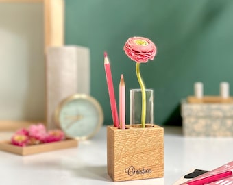 Small Wooden Desk Organizer with Vase – Handmade Pen Holder in Oak, Walnut, Cherry – Minimalist Office Decor, Home Office Gift