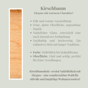 May include: A vertical image of a light-colored wood grain with text in German. The text describes the wood's elegance, warm character, and fine, smooth surface. The color ranges from reddish to deep gold-brown.