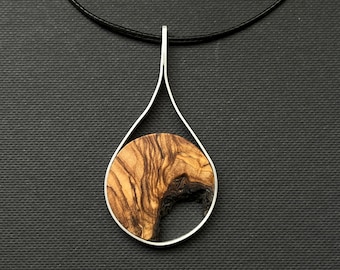 Kette mit Anhänger aus Holz und 925 er Silber, Holzanhänger Unikat, Holzkette, Silberkette, Tropfen, Träne,