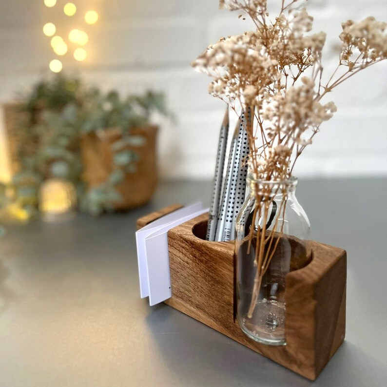 Stifthalter in Nussbaum, Büro, Visitenkartenhalter, Schreibtischorganisation, Homeoffice, Vase für Trockenblumen Bild 9