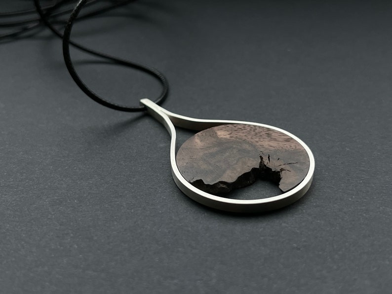 Chain with pendant made of wood and 925 silver, wooden chain, silver chain, simple round shape image 4