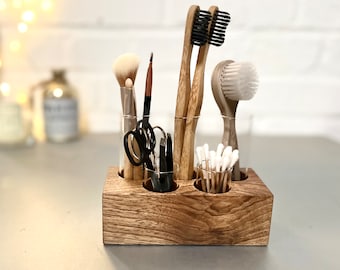 Sustainable bathroom organizer made of local wood, cosmetic stand, storage for makeup utensils, pen holder