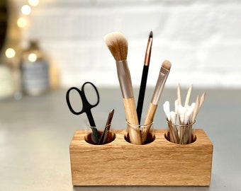 Sustainable bathroom organizer made from local wood, cosmetic stand, storage for makeup utensils, pen holder, zero waste