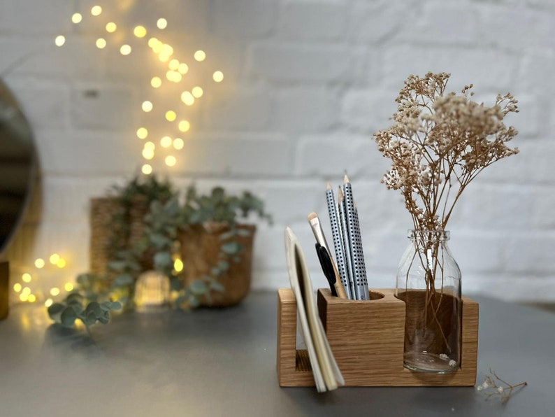 Stifthalter in Nussbaum, Büro, Visitenkartenhalter, Schreibtischorganisation, Homeoffice, Vase für Trockenblumen Bild 6