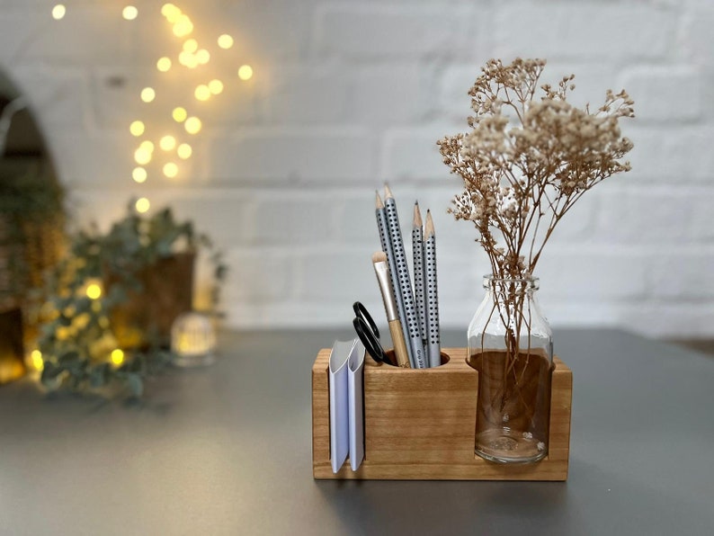 Stifthalter in Nussbaum, Büro, Visitenkartenhalter, Schreibtischorganisation, Homeoffice, Vase für Trockenblumen Eiche - oak