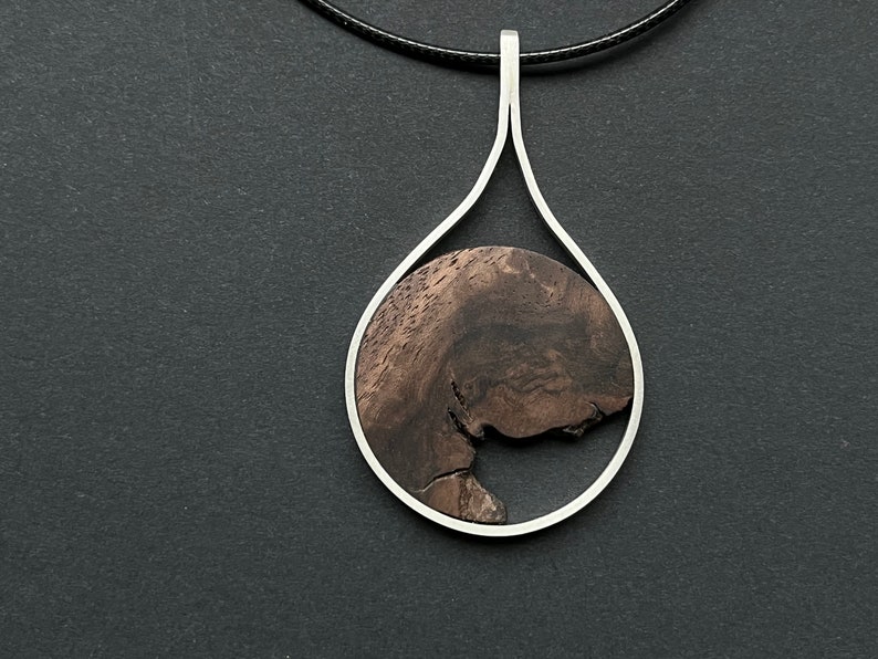 Chain with pendant made of wood and 925 silver, wooden chain, silver chain, simple round shape image 5