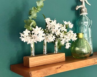 summery table decoration made from local woods, flower vase with test tubes, sustainable vase, country house style, flower meadow, original