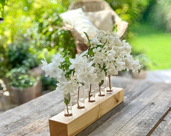 summery table decoration made from local woods, flower vase with test tubes, sustainable vase, country house style, flower meadow, original