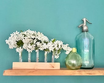 summery table decoration made from local woods, flower vase with test tubes, sustainable vase, country house style, flower meadow, original