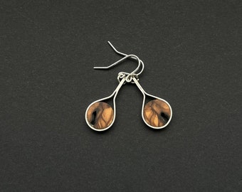 Earrings made of wood and 925 silver, elegant pendants made of olive wood