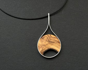 Necklace with pendant made of wood and 925 silver, wooden necklace, silver necklace, drop, tear, silver wood, mountain landscape