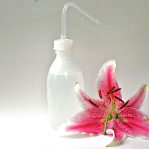 Puede incluir: Una botella de pl&aacute;stico transparente con un pico largo y una flor de lirio rosa.