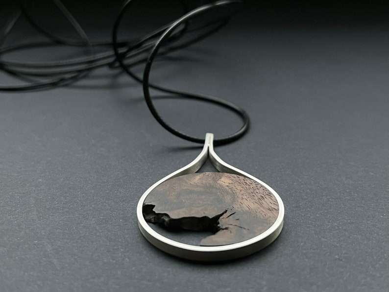 Chain with pendant made of wood and 925 silver, wooden chain, silver chain, simple round shape image 7