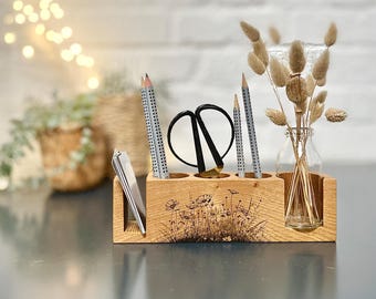 Elegante organizador de escritorio de madera: portalápices personalizado con jarrón, decoración de oficina e idea de regalo, sostenible y hecho a mano.