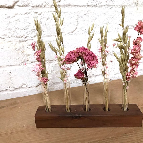 kleine Vase für Trockenblumen, Holzleiste für Gräser, Tischdeko Hochzeit, Blumenvase zum Geburtstag, zero waste