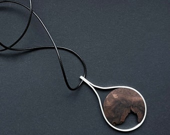 Chain with pendant made of wood and 925 silver, wooden chain, silver chain, simple round shape