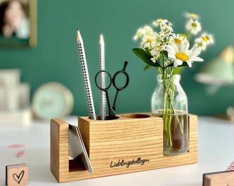 Personalisierter Schreibtisch Organizer //  Stiftehalter aus Holz mit Vase // Geschenk Lehrerin // nachhaltige Schreibtisch Organisation