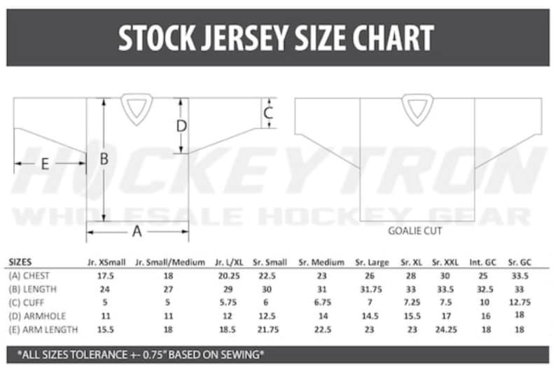Puede incluir: Una tabla de tallas en blanco y negro para jerseys de hockey. La tabla muestra las medidas de pecho, largo, pu&ntilde;o, sisa y largo de manga en pulgadas. La tabla incluye tallas para jugadores junior y senior, as&iacute; como tallas de portero.