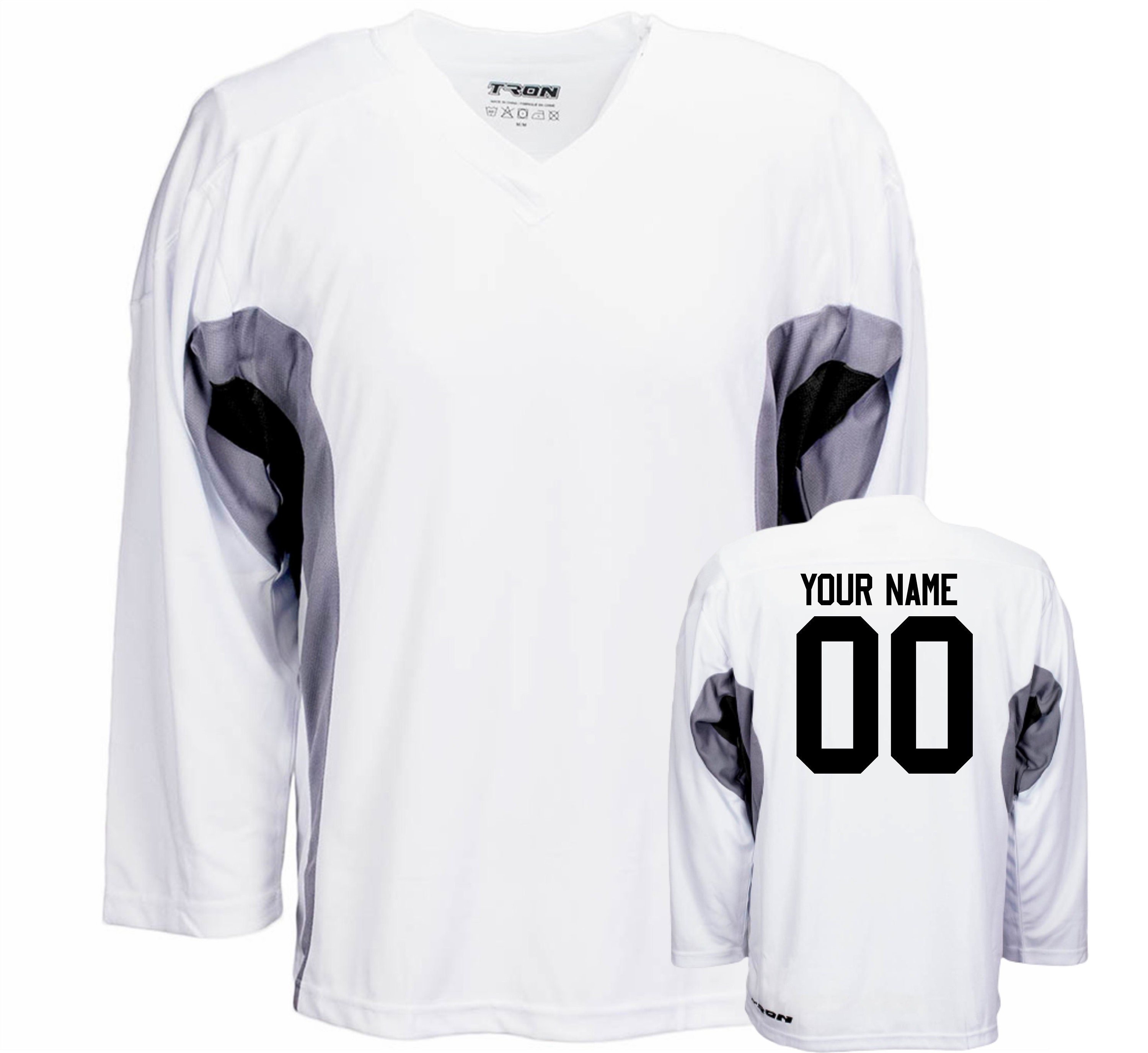 Custom Hockey Jerseys - Solid Body Alternating Waist and Sleeve Stripes - Team Name, Player Name and Numbers on Sleeves - Team Designation