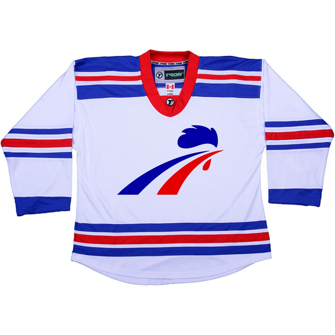 Custom Hockey Jerseys - Solid Body Alternating Waist and Sleeve Stripes - Team Name, Player Name and Numbers on Sleeves - Team Designation