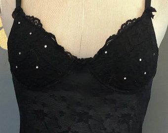 Lace Slip, Rampage 90s Black Lace Sequin Lingerie Slipdress, Mini Lace Full Slip, XS 34" Bust