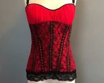 90s Corset, Black and Red Corset Lingerie, Lace Corset Top, L LARGE 40" Bust