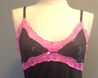 Joe Boxer 90s Black Pink Sequin Nightgown, Vintage Lingerie, S SMALL 36" Bust