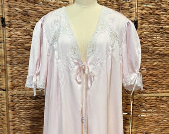 70s Pink Dressing Gown, Embroidered and Lace Robe, L / XL