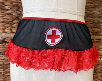 Red Ultra Mini Lingerie Skirt, Vintage Sheer Lace Skirt with Medic Patch, XS/S