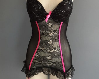 Babydoll Lingerie, Black Lace Lingerie with Garters, 90s Lace Negligee, 34C