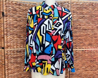 Jaren 90 abstract shirt, big-dart shirt met knoopsluiting aan de voorkant