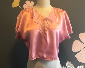 Satin PJ Top, 80s Short Pink PJ Top, Vintage Pajama Top, M MEDIUM 38" Bust