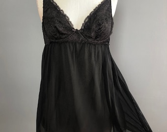 90s Black Lingerie Dress, See Through Babydoll, XS