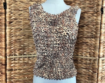 Y2K Animal Print Popcorn Top, Sleeveless Crinkle Shirt