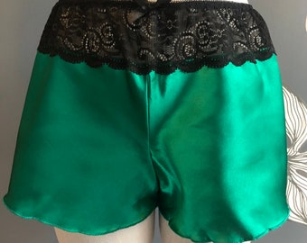 Green Satin Tap Pants, Satin Loungewear, Satin Pajama Shorts, L Large