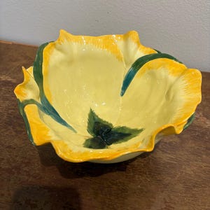 Vintage Porcelain Butter Yellow Petal Serving Bowl with Green Leaf Features