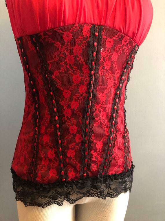 90s Corset, Black and Red Corset Lingerie, Lace C… - image 3