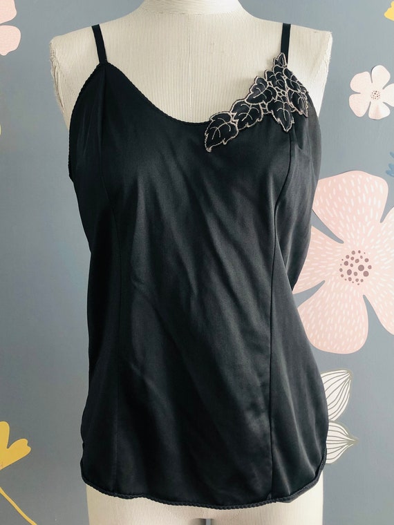 Vintage Black Camisole with Leaf Applique, 80 Sem… - image 2