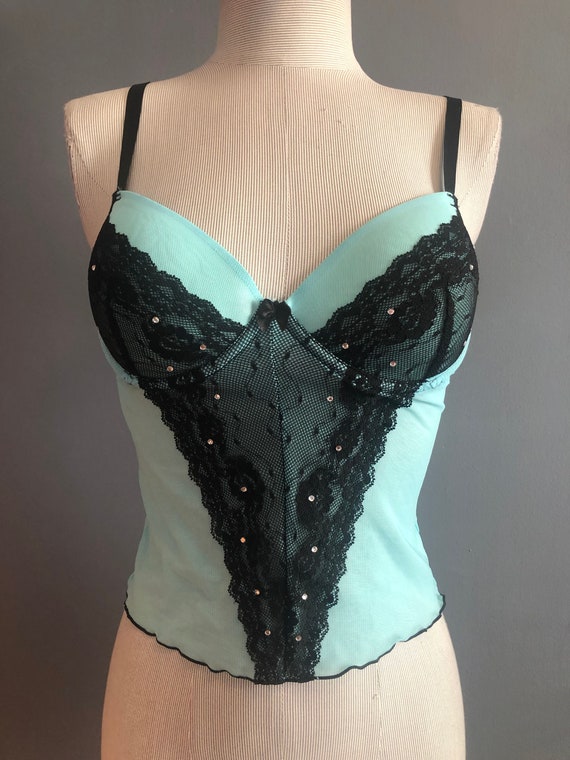 Bustier Top, Escante 80s Sheer Blue and Black Bus… - image 1