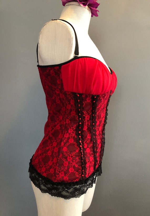 90s Corset, Black and Red Corset Lingerie, Lace C… - image 4