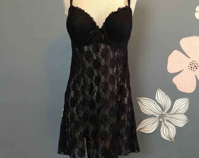 Y2K Black Lace Babydoll Dress, Lace Lingerie, Size 38C Etsy