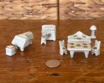Vintage Porcelain Miniature Furniture Set, 9 Piece Floral Pattern Miniature Living Room