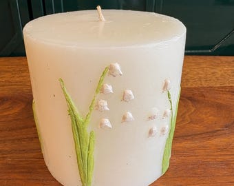 Y2K Martha Stewart Pillar Candle, Lily of the Valley Embossed Candle, 4" by 4", Unburned