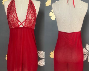 Babydoll Lingerie, 90s Red Babydoll with Lace Halter Bodice, Sheer Vintage Lingerie Babydoll, S SMALL 36" Bust