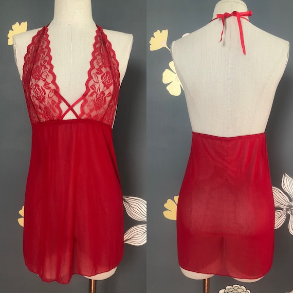 Babydoll Lingerie, 90s Red Babydoll with Lace Hal… - image 1