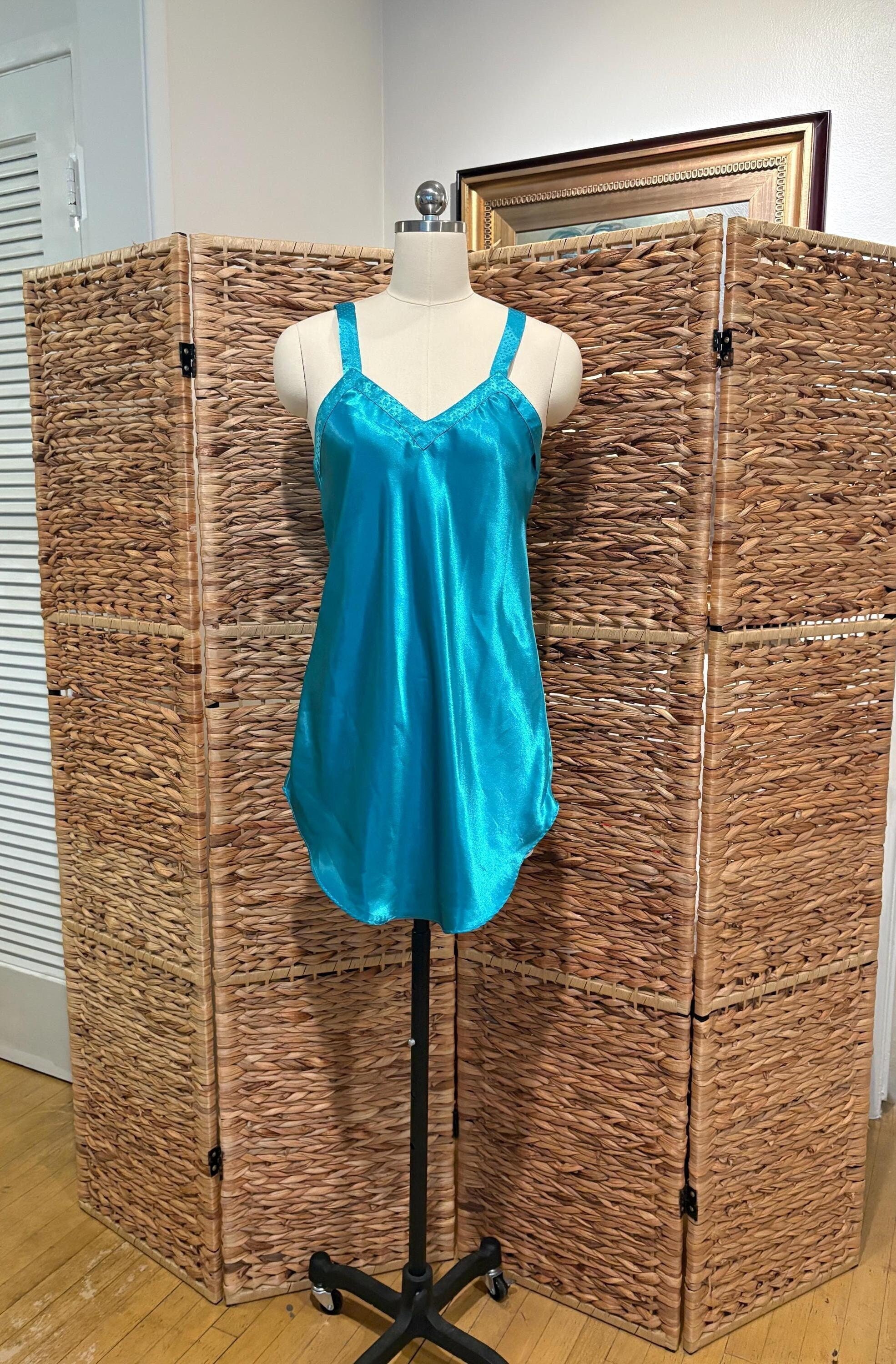 80s Aqua Blue Satin Slip Dress, Mervyns Full Slip, XS 80s Aqua Blue Satin Slip Dress, Mervyns Full Slip, XS