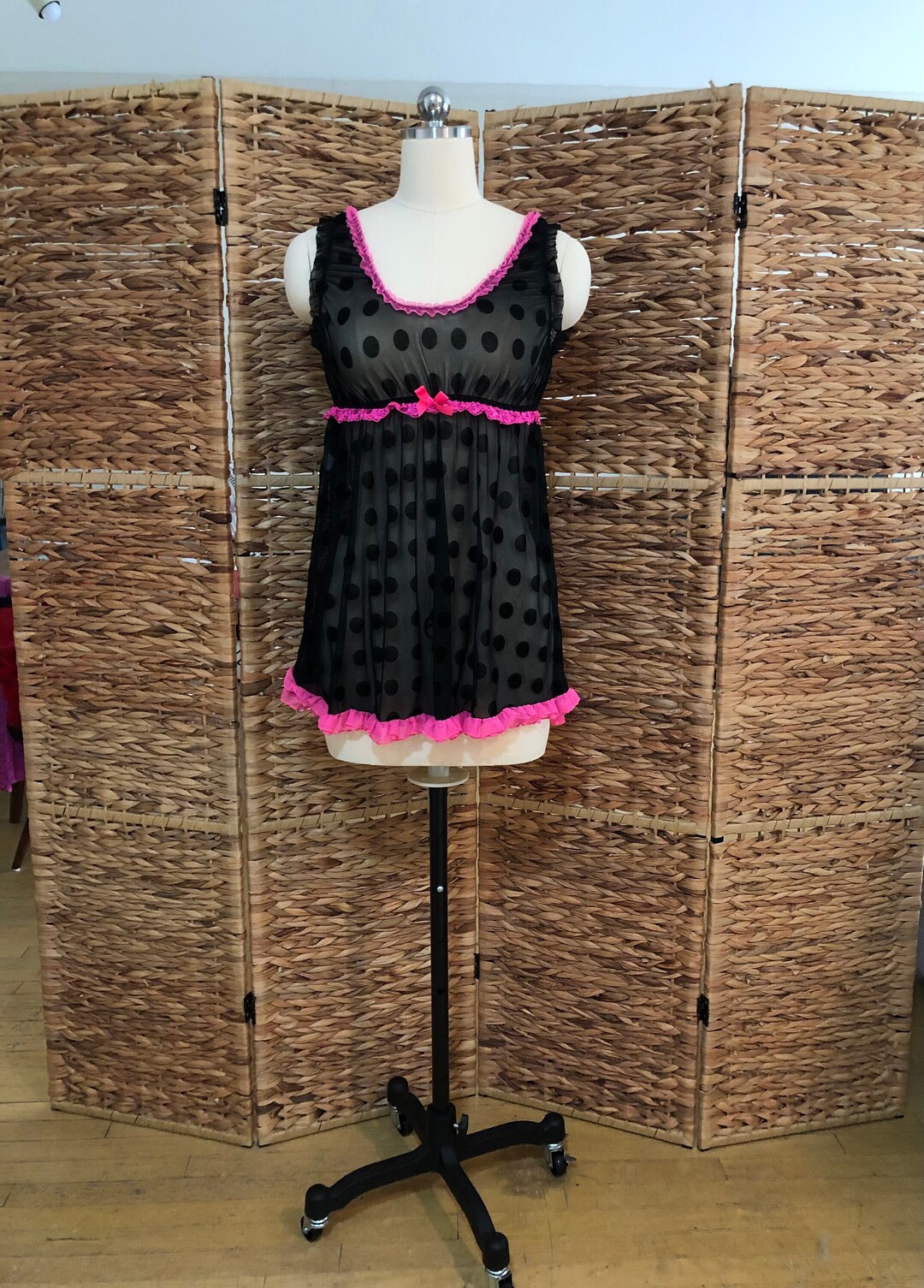 Small / Sheer Black Polka Dot Babydoll Dress With Hot Pink Ruffle Trim ...