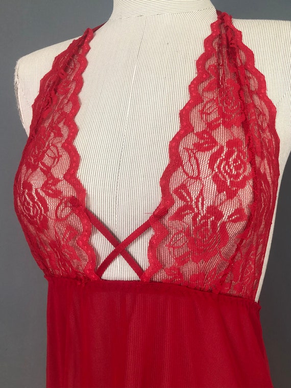 Babydoll Lingerie, 90s Red Babydoll with Lace Hal… - image 3